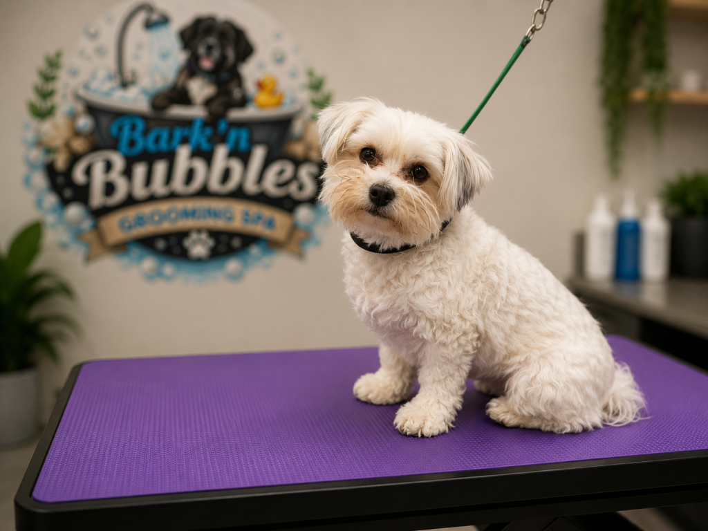 Freshly groomed dog at Bark ’N Bubbles Dog Grooming Spa in Callington, Cornwall